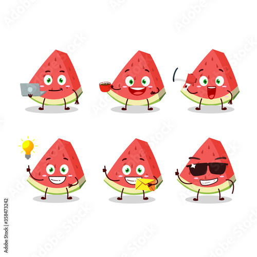 Slash of watermelon cartoon character with various types of business emoticons