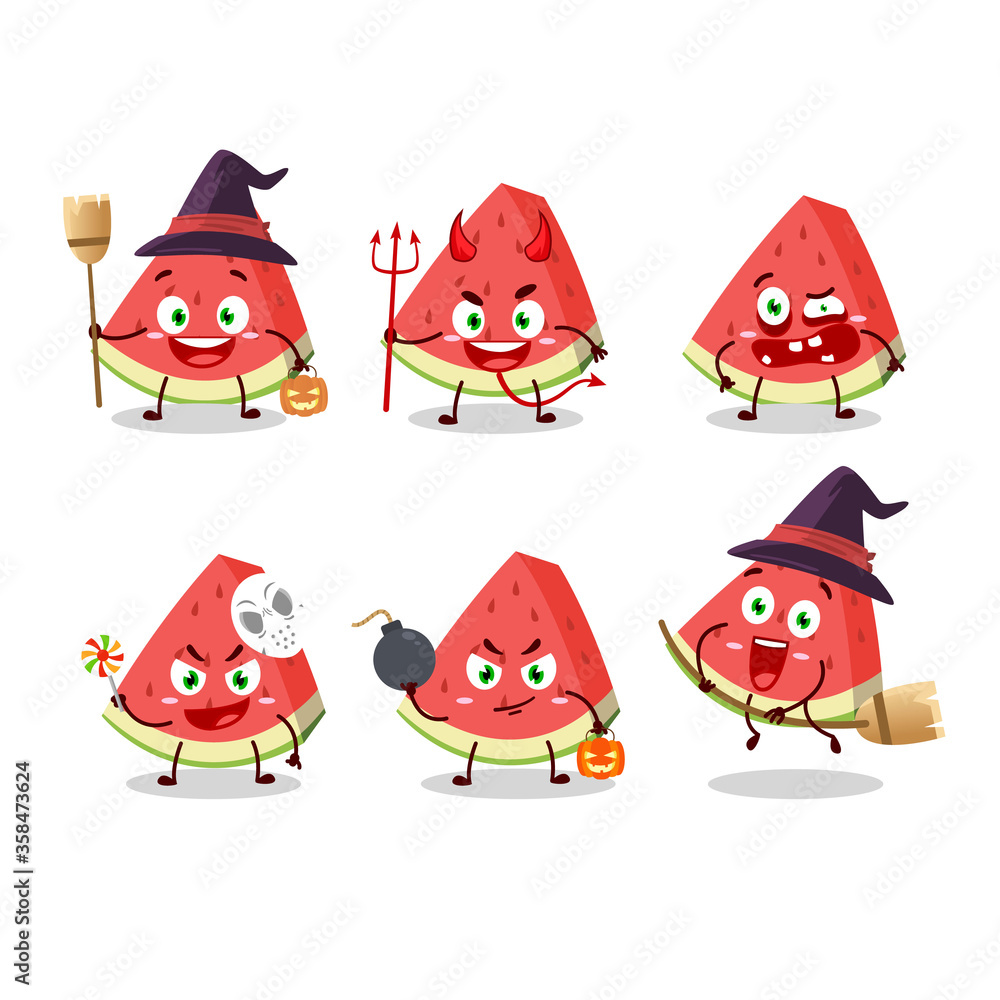Halloween expression emoticons with cartoon character of slash of watermelon