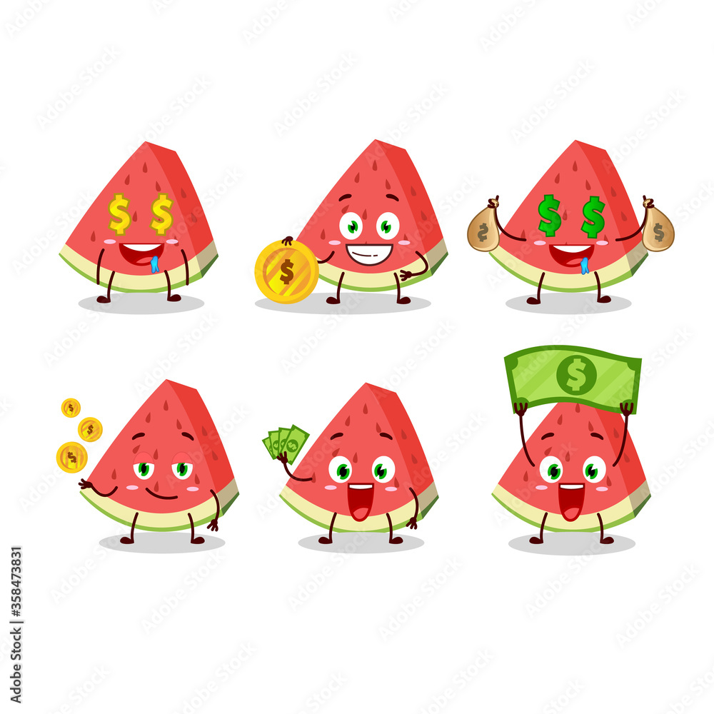 Slash of watermelon cartoon character with cute emoticon bring money Slash of watermelon cartoon character with cute emoticon bring money