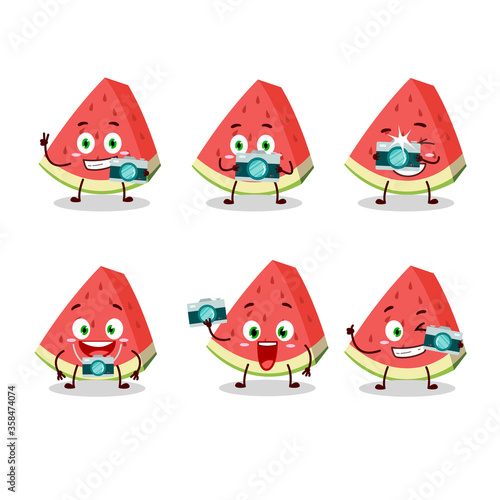 Photographer profession emoticon with slash of watermelon cartoon character