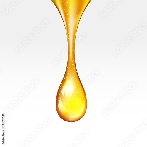 Vector stock supreme collagen gold drop of oil essence isolated on white background. Luxury Premium gold shining serum droplet
