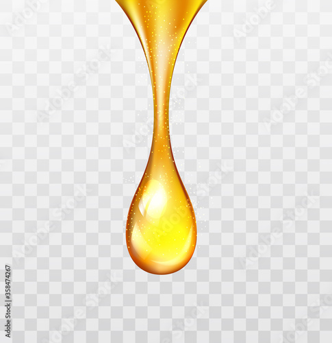 Vector stock supreme collagen gold drop of oil essence isolated on transparent light background. Luxury Premium gold shining serum droplet