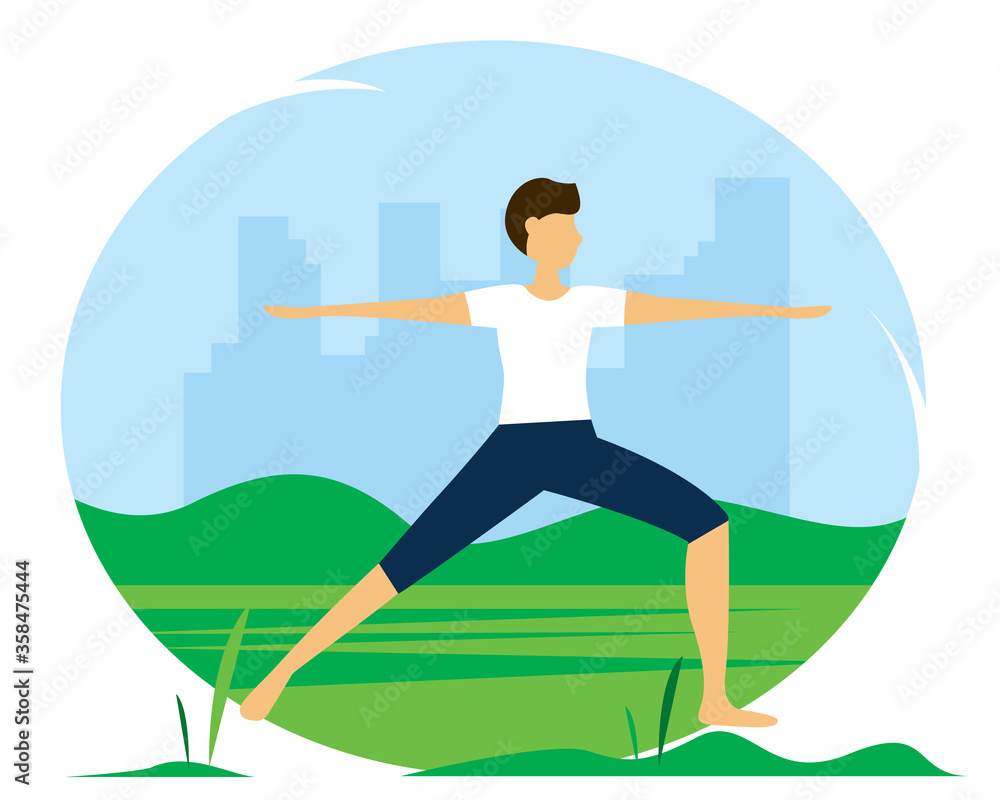 Man doing yoga in the park. Illustration of the concept of a healthy lifestyle, physical exercise, yoga. Vector illustration in flat style. Man doing yoga in the park. Illustration of the concept of a healthy lifestyle, physical exercise, yoga. Vector illustration in flat style.