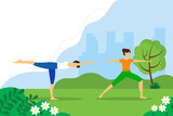 Man and woman doing yoga together in the Park. Illustration of the concept of a healthy lifestyle, exercise, yoga. Vector illustration in flat style. 