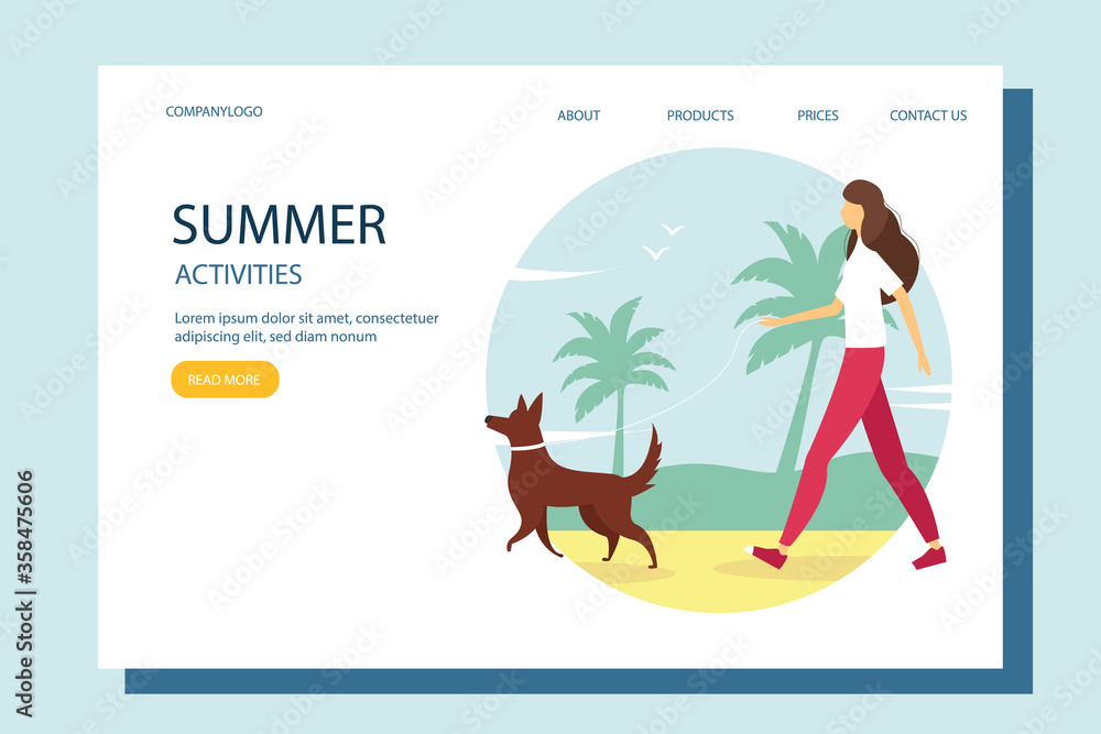 Woman walking with the dog on the beach. The concept of an active lifestyle, outdoor recreation. Cute summer illustration in flat style. 