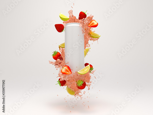 White soda can with lemon and strawberry liquid splash mockup 3d render