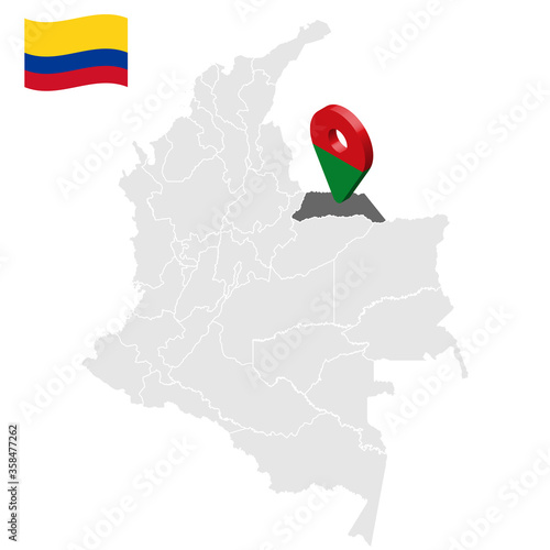 Location of Arauca on map Colombia. 3d  Arauca location sign. Flag of Arauca. Quality map with regions  of Colombia for your web site design, logo, app, UI. Stock vector. EPS10. photo