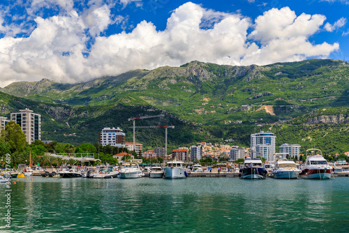 Boats in the port and marina by the Old town in Budva Montenegro on the Adriatic Sea © SvetlanaSF