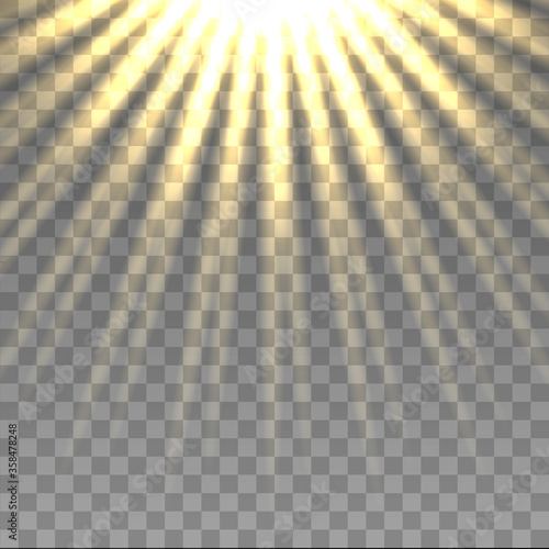 Realistic sun yellow warm light effect, sun rays, beams light effect on transparent background. Vector illustration