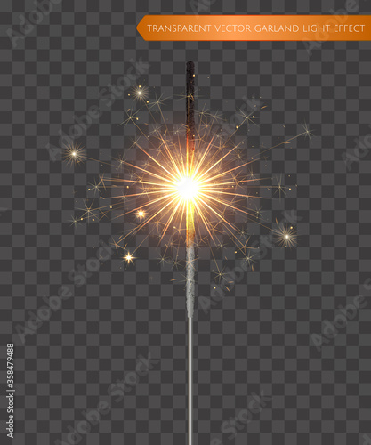 Christmas realistic bengal light effect. Isolated sparkler light vector design elements. Transparent template of glowing sparkler for Xmas Holiday greeting card design. Happy New Year decoration light
