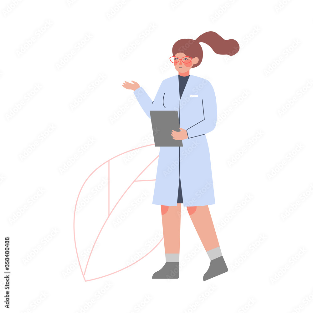 Scientist or Doctor Character Doing Professional Researchers, Woman in White Coat Standing with Clipboard Flat Style Vector Illustration Scientist or Doctor Character Doing Professional Researchers, Woman in White Coat Standing with Clipboard Flat Style Vector Illustration