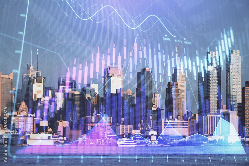 Forex graph on city view with skyscrapers background double exposure. Financial analysis concept. Forex graph on city view with skyscrapers background double exposure. Financial analysis concept.