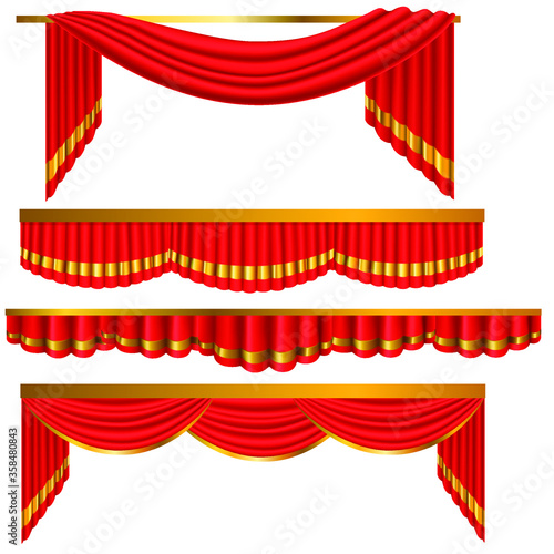 red curtains set isolated on white background with gold border realistic 3D vector illustration