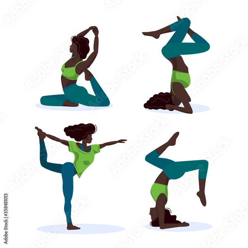 Different yoga poses. A beautiful thin black woman stands in asanas. Vector illustration.