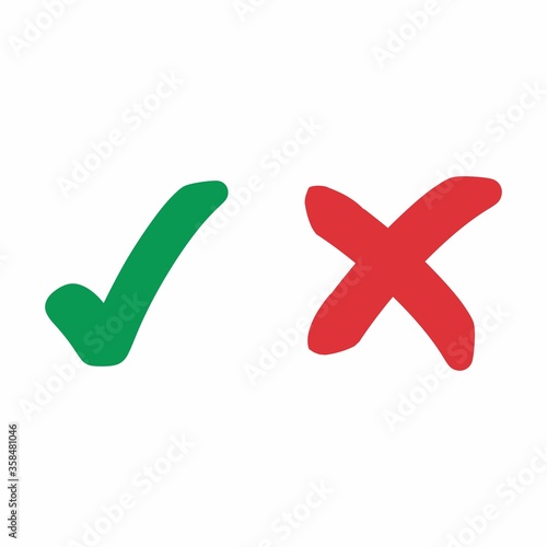 Green check symbol and red cross. Icons for evaluation quizzes. Vector