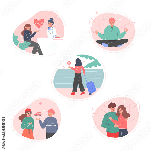 Human Thoughts and Needs Set, People Dreaming of Health, Vacation,Car, Relaxation, Romantic Relationship Flat Style Vector Illustration