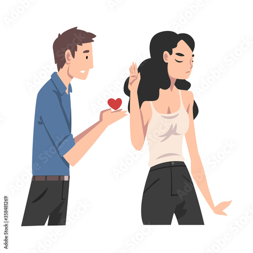 Man offers his heart to a girl. Undivided love. Vector illustration.