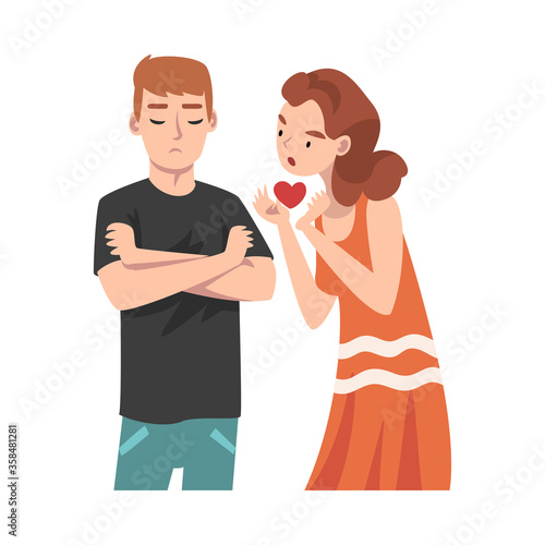 Girl dress offers her heart to a guy. Undivided love. Vector illustration.
