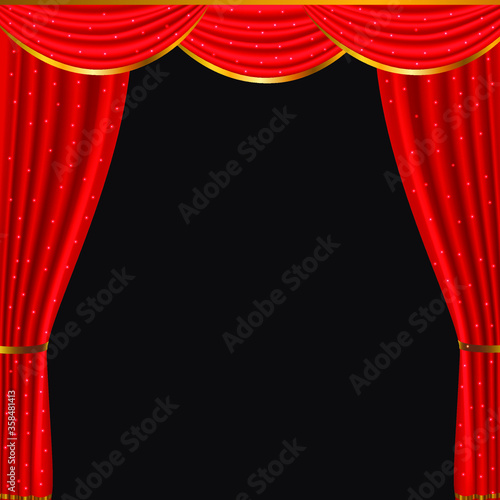 red curtains open isolated on dark background realistic 3D vector illustration