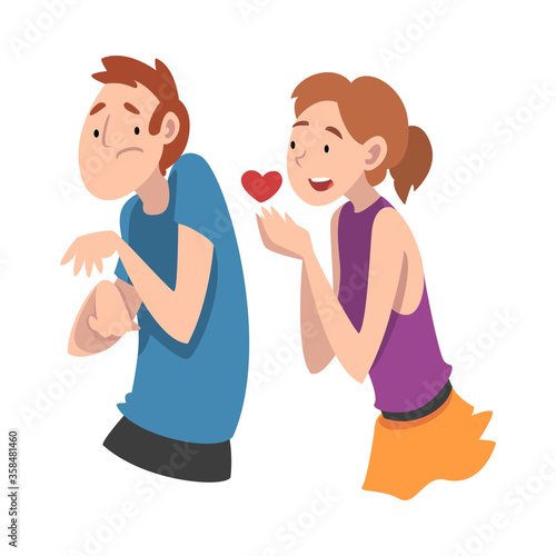 Guy turns away from the proposal of the girls heart. Undivided love. Vector illustration.