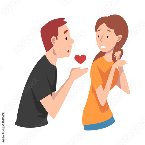 Young man offers his heart to a girl with hope. Undivided love. Vector illustration.
