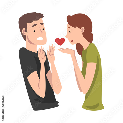 Young man refuses the girl's love. Undivided love. Vector illustration.