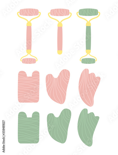 Set of gua sha scraper and jade massage facial roller. Collection of pink and green quartz anti aging tools. Traditional chinese medicine. Face yoga for self care spa. Vector flat isolated on white.