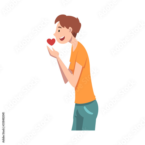 Guy hopes and holds a heart in his hands. Vector illustration.