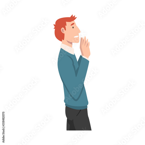 Young man with red hair refuses something. Vector illustration.