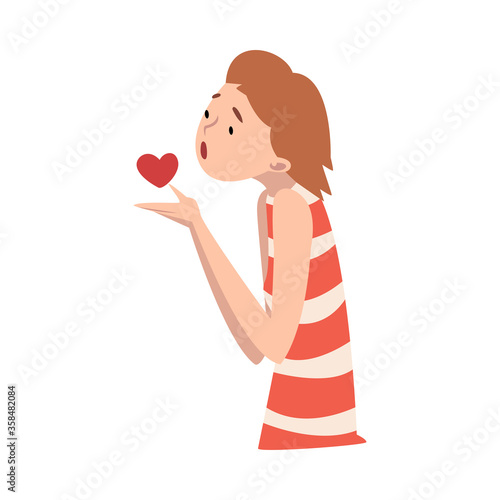 Young girl holds a heart in her hands. Vector illustration.