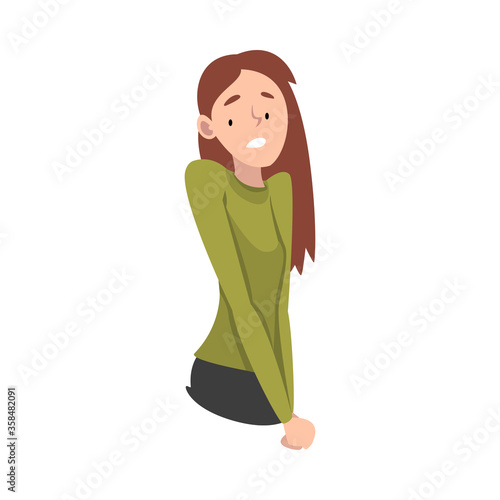 Young girl in a green turtleneck is embarrassed. Vector illustration.