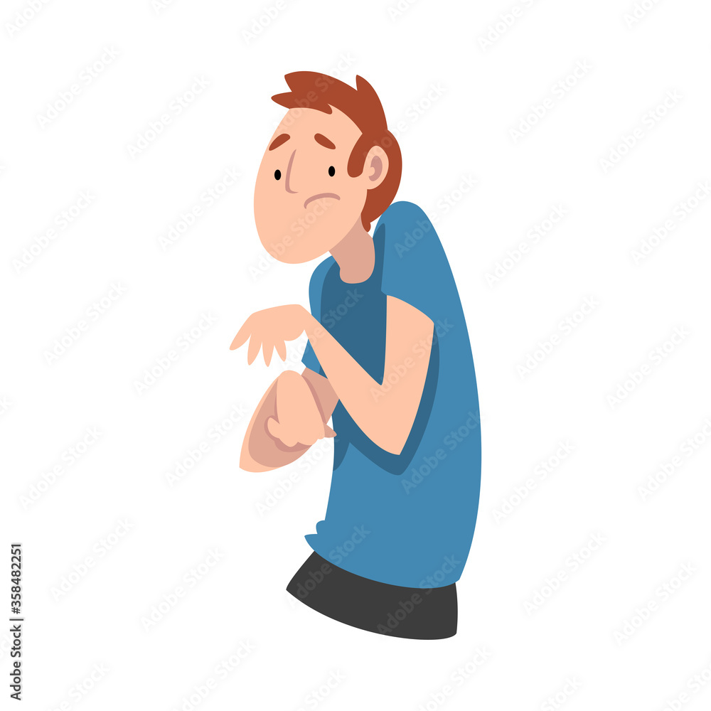 Young man turns away from something. Vector illustration.