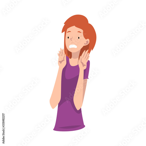 Young girl in a purple shirt refuses something. Vector illustration.