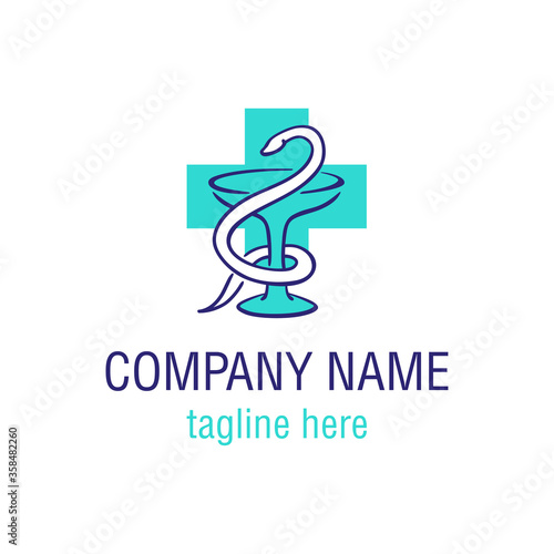 Medical logo for medicine center, pharmacy, hospital with recognizable symbol of medicine - snake and bowl of hygieia - modern vector emblem