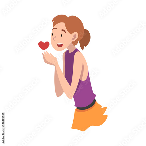 Young girl hopes and holds a heart in her hands. Vector illustration.
