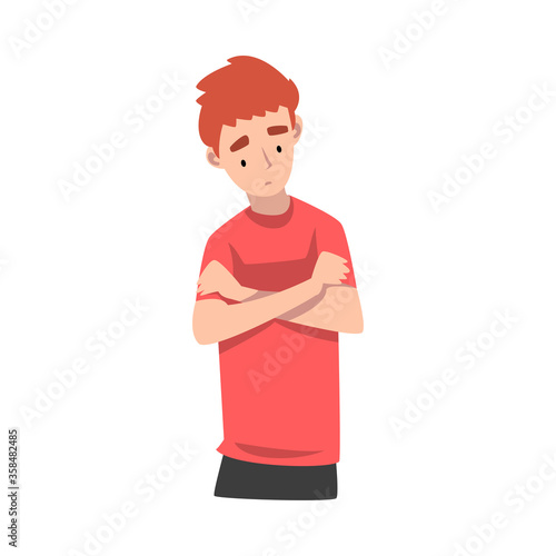 Young Man Standing Folding His Arms on the Chest Thinking Vector Illustration