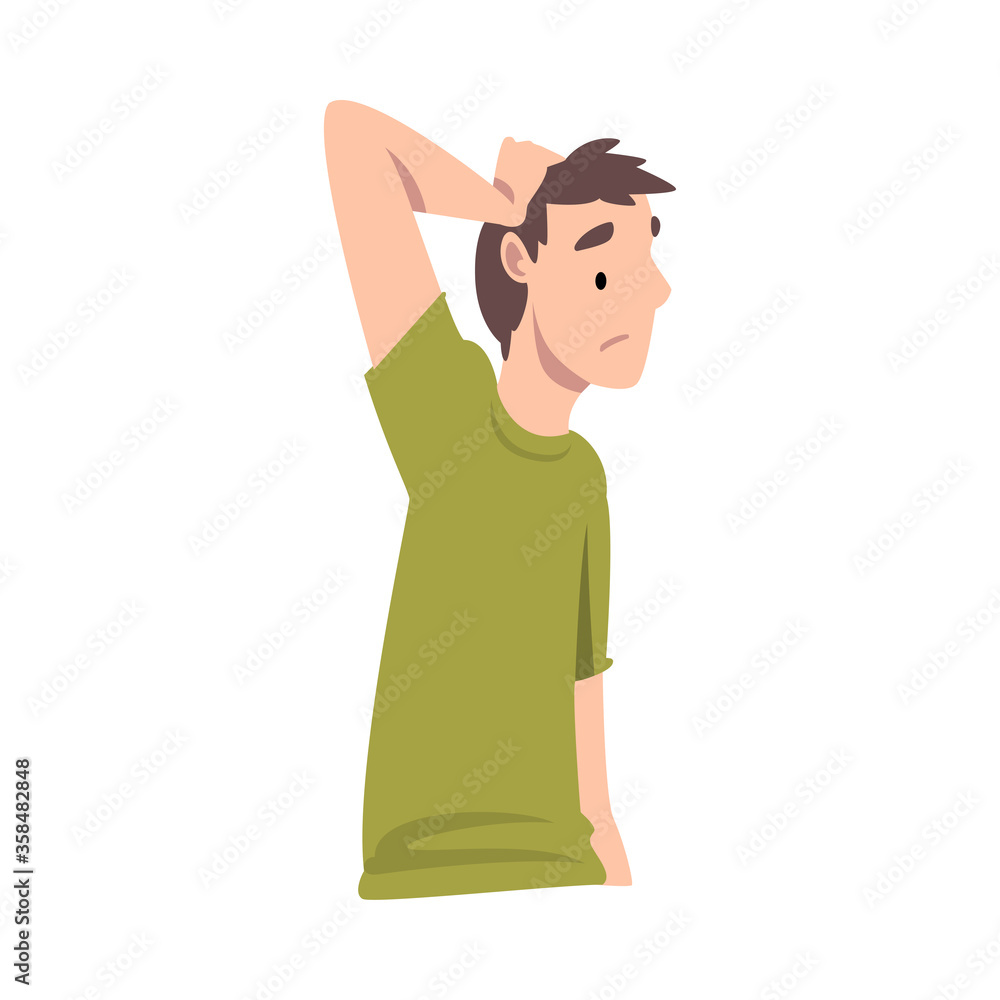 Young Man Standing with Thoughtful Look and Holding Hand on His Head Vector Illustration Young Man Standing with Thoughtful Look and Holding Hand on His Head Vector Illustration