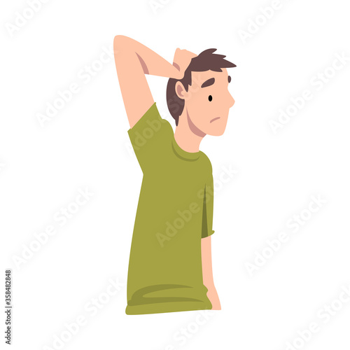 Young Man Standing with Thoughtful Look and Holding Hand on His Head Vector Illustration