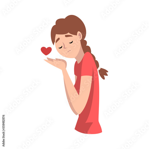 Young Woman Standing Sadly With Heart Vector Illustration