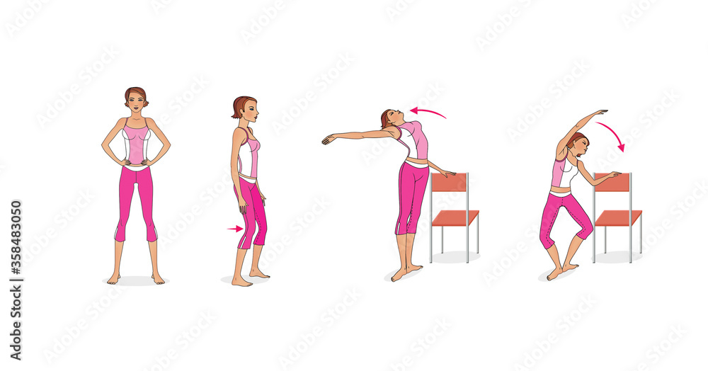 Fototapeta premium Girl is training at home. Stretching the muscles of the legs and spine. Exercises and gymnastics. Isolated on a white background