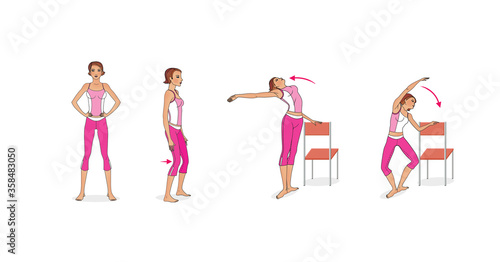 Girl is training at home. Stretching the muscles of the legs and spine. Exercises and gymnastics. Isolated on a white background