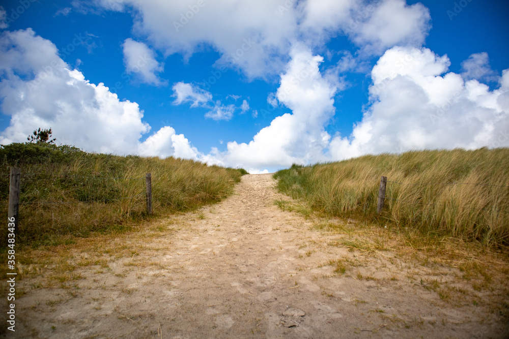 Horizontal springtime shot of sand path through tall grass towards the sea against a blue white clouded sky
