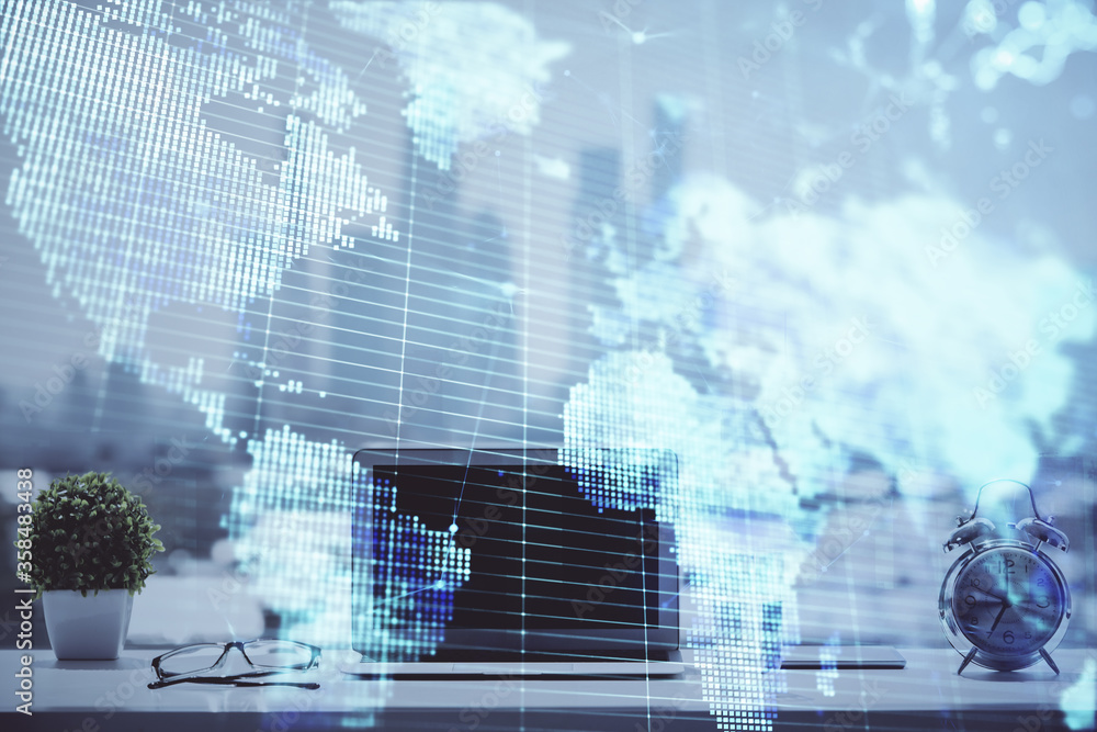 Double exposure of business theme icons and work space with computer background. Concept of success. Double exposure of business theme icons and work space with computer background. Concept of success.
