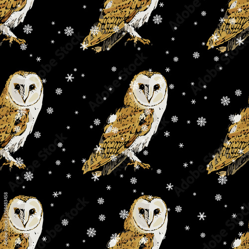 Seamless animal winter pattern with barn owls and snowflakes. Tyto alba. Hand drawn colorful sketch.