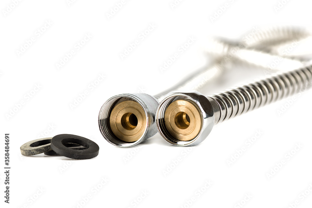 Shower hose for bathroom with rubber gaskets on white background. Shower hose for bathroom with rubber gaskets on white background.