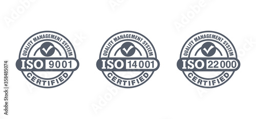 ISO 9001, 14001 and 22000 certified stamps collection - quality management system international standard emblems set - isolated vector signs photo
