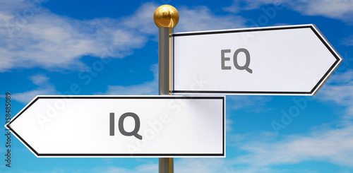 Quadro em tela Iq and eq as different choices in life - pictured as words Iq, eq on road signs pointing at opposite ways to show that these are alternative options