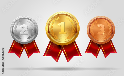 Realistic vector set of shining gold, silver and bronze medals and ribbon. Premium badges. Winner sport awards. Achievement icons. Vector illustration. EPS 10.