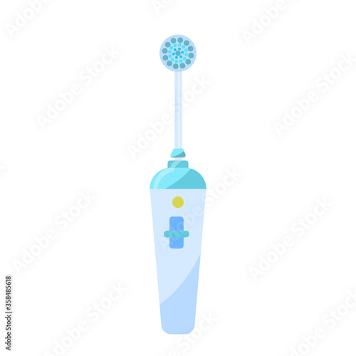 The electric toothbrush is isolated on a white background. Device for oral care. Equipment for dental health and beauty. Accessory in the bathroom. Vector illustration in flat style.