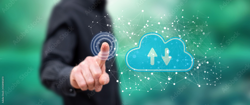Man touching a cloud storage concept Man touching a cloud storage concept
